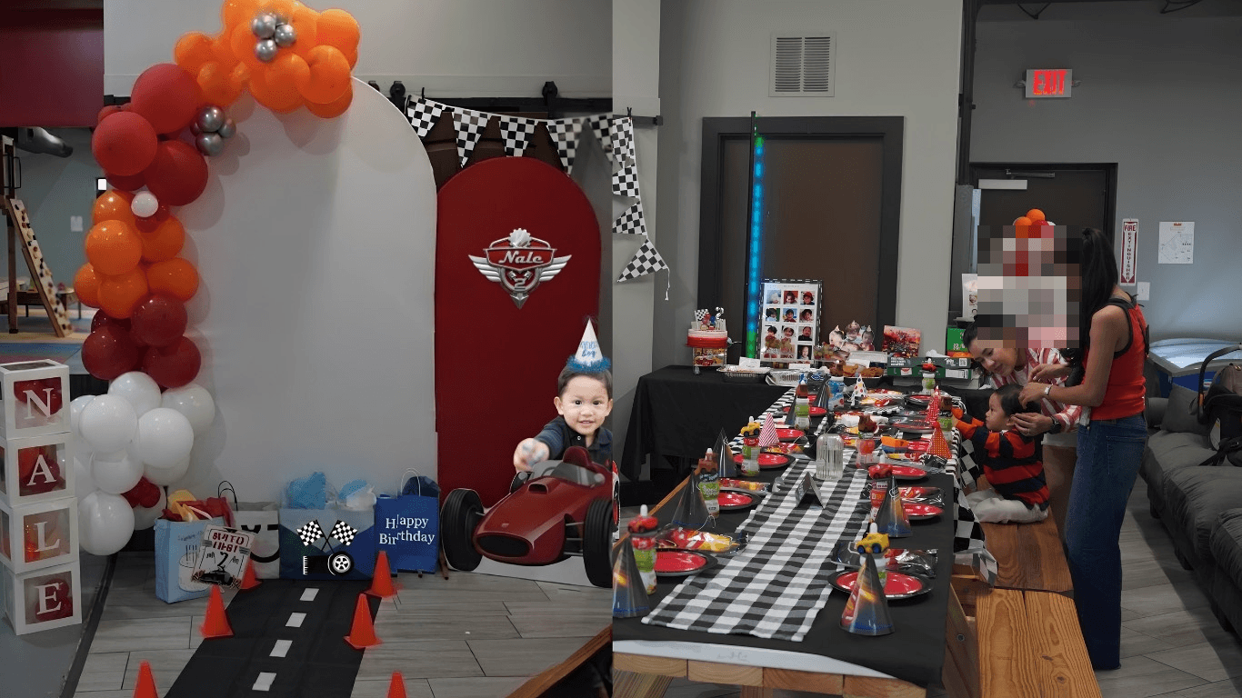 Nale's Two Fast 2nd Birthday · balloon arch, backdrop, race track & tablescape