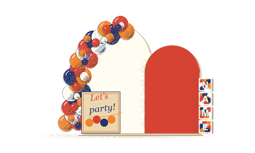 Riso illustration of two balloon arches, a square party cutout and four stacked marquee name boxes.