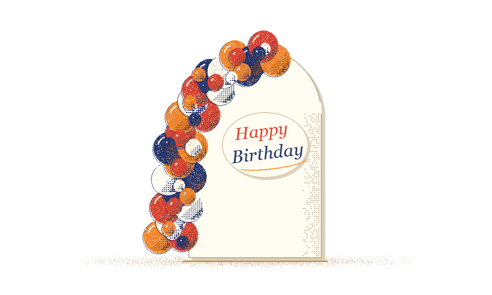 Riso illustration of a cream balloon arch with a custom Happy Birthday logo plaque.