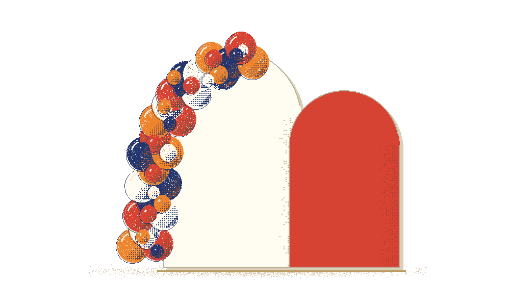 Riso illustration of a tall cream arch, a shorter red arch and a balloon garland.