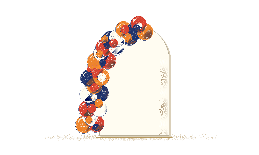 Riso illustration of a cream fabric arch with a red, orange, navy and white balloon garland.