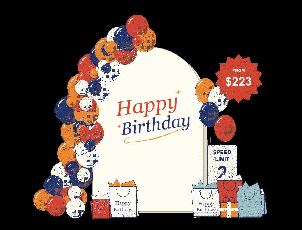 Risograph birthday balloon arch, gifts, and a From $223 price stamp